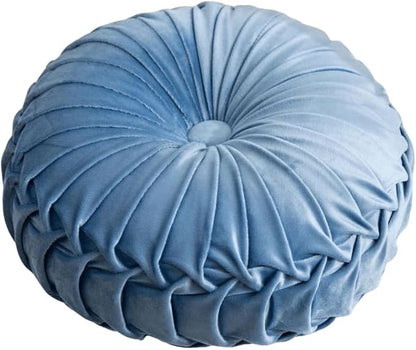 MOCOFO Round Velvet Throw Pillow, Pumpkin Shape Decorative Floor Cushion, Handcrafted Pleated Design, 14 and 16 Inch Diameter, Multiple Colors, Polyester Fill (Sky Blue, 14")
