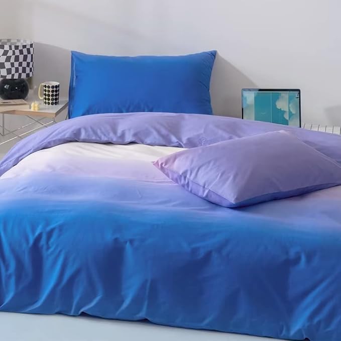 CLOTHKNOW Blue Purple King Size Comforter Sets Blue Bedding Comforter Sets Purple Comforter Soft Blue White Comforter with 2 x Pillow Cases