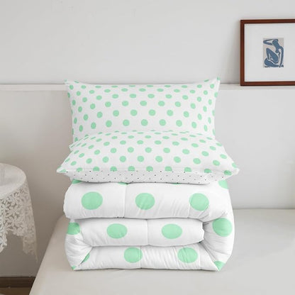 Manfei Green Polka Dots Comforter Set Queen Size 3 Pcs,Geometric Circles Green White Simple Art Bedding Set,Cartoon Dots French Style Lovely Quilt Set for Young Adults,2 Pillowcases
