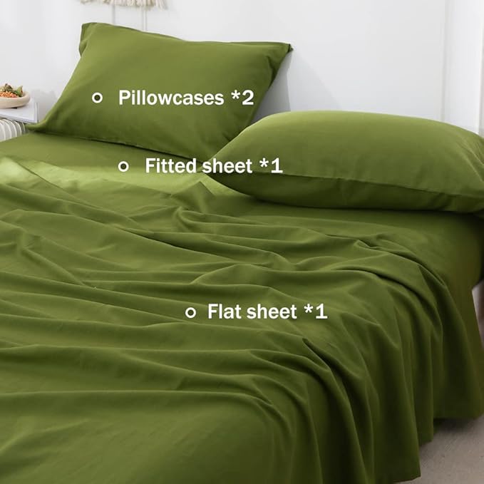 Simple&Opulence Belgian Linen Sheet Set Solid Color - 4 Pieces (1 Flat Sheet, 1 Fitted Sheet & 2 Pillowcases) Natural Flax Cotton Blend Soft Breathable Farmhouse Bedding - King Size, Forest