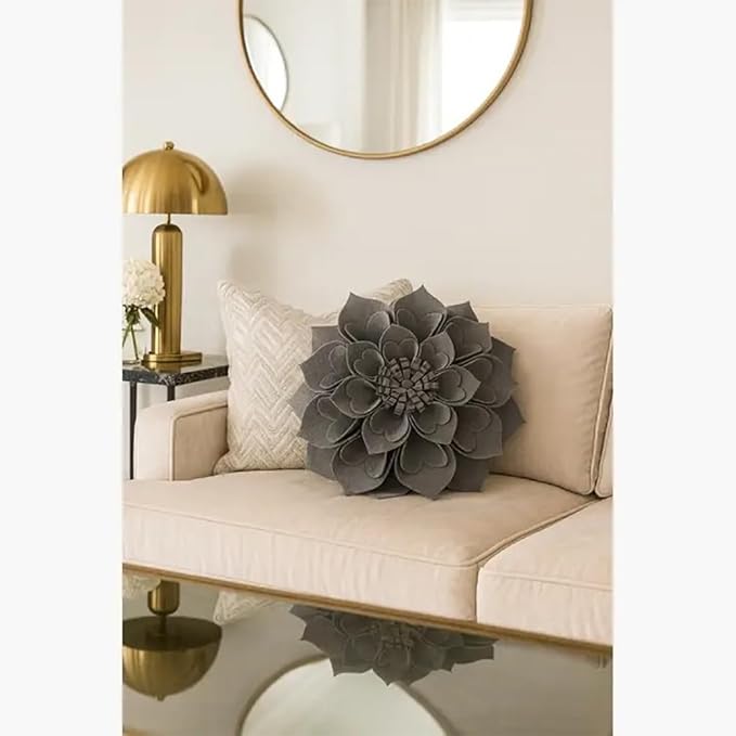 Fennco Styles Handmade 3D Heart-Shaped Petals Flower Decorative Filled Throw Pillow 13" Round - Slate Floral Pillow for Couch, Home Décor and Holiday, Housewarming Gift