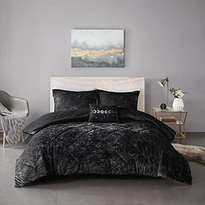 Intelligent Design Queen Comforter Set, Velvet Comforter Set , Luxury Diamond Quilting Comforter Set, Fluffy Comforter Bed Set with Decorative Pillowand 2 Shams, 4 Piece Black, Full/Queen