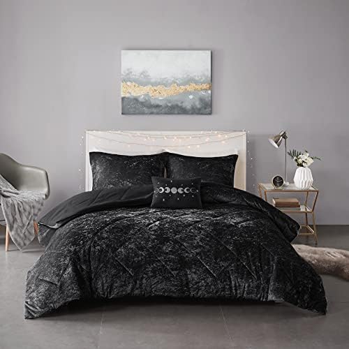 Intelligent Design Twin Comforter Set, Velvet Comforter Set , Luxury Diamond Quilting Comforter Set, Fluffy Comforter Bed Set with Decorative Pillowand 1 Sham, 3 Piece Black, Twin/Twin XL