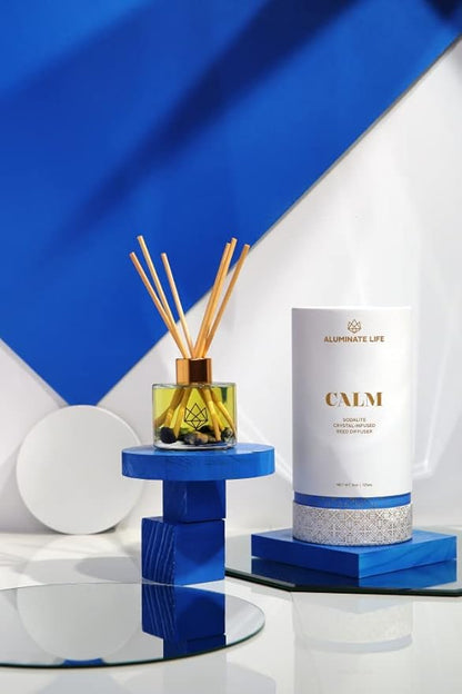 Crystal Infused Reed Diffuser, 4 OZ, Calm - Sodalite Crystal Infused - Scents of Chamomile, Howood, & Sage - Home Decor, House Warming, Room Aesthetic, Stick Perfume, Coffee Table