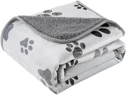 Waterproof Dog Blankets Pet Blanket 60"x80", Soft Fluffy Sofa Car Bed Protector, Reversible Sherpa Fleece Dog Blanket for Large Dogs (Light Grey-Paws)