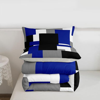 Castle Fairy Blue Grey Black Bed Comforter Set Queen Size,Modern Abstract Art Super Soft Microfiber Bedding Set for Adults Men,Geometric Grid Square Splicing Decorative Comforter Set,3 Pcs