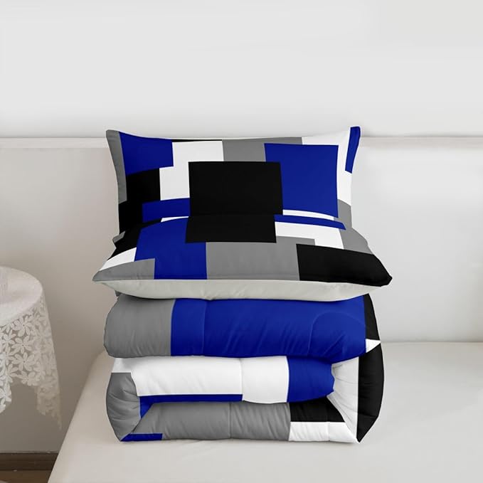 Castle Fairy Blue Grey Black Comforter Set Toddler Size,Modern Abstract Art Bedding Set for Kids Teens Bedroom,Geometric Grid Square Splicing Down Comforter,2 Pcs 1 Pillowcase