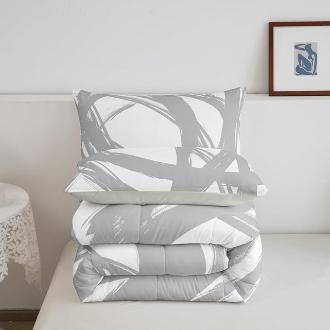 Gray and White Abstarct Comforter Set Twin Size for Kids Boys Girs,Graffiti Stripes Lines Bedding Set,Aesthetic Geometric Duvet Insert for Minimalists,Contemporary Boho Modern Art Quilt