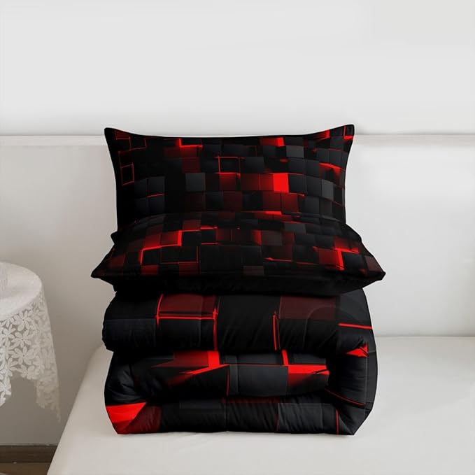 Erosebridal Black and Red Comforter Set Queen Neon Geometric Checkered Bedding Set Gamer Room Decor for Boys,Abstract Grids Quilt Comforter for Kids Teen Men Plaid Check Bed Set 3 Pcs