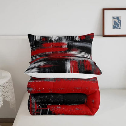 Feelyou Red Black and Grey Comforter Geometric Artistic Smear Comforter Set Abstract Graffiti Art Bedding Set Contemporary Modern Brush Design Duvet Set Room Decor Quilt Set Twin Size