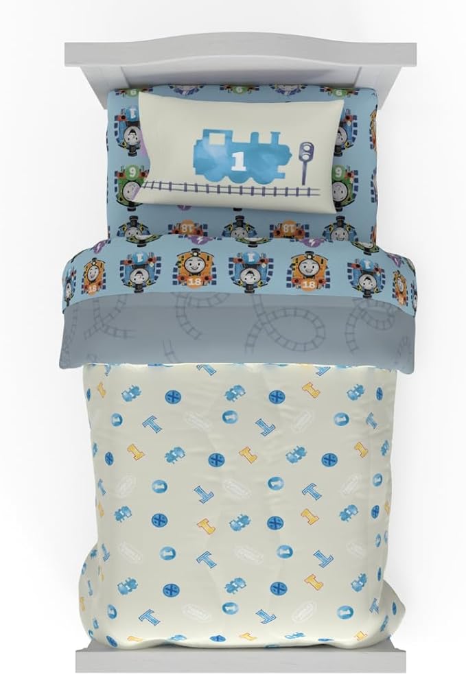 Thomas & Friends 4 Piece Toddler Bed Set – Super Soft & Cozy Reversible Microfiber Comforter and Sheets (Officially Licensed Product) by Franco