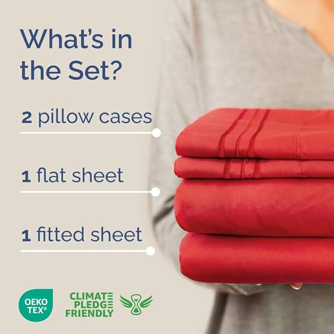 Full XL Size 4 Piece Sheet Set - Comfy Breathable & Cooling Bed Sheets Set - Hotel Luxury Bedding for Women, Men, Kids, Teens, Boys & Girls - Deep Pockets, Ultra-Soft, Wrinkle Free - Oeko-Tex - Red