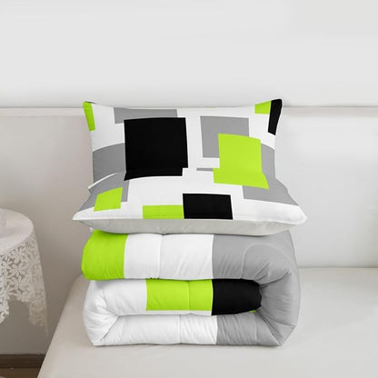 Castle Fairy Green Grey White Comforter Set,Geometric Grid Square Splicing Bedding Set for Kids Teens,Modern Abstract Quilt Set,Duvet Insert 2 Pcs with 1 Pillowcase,Toddler