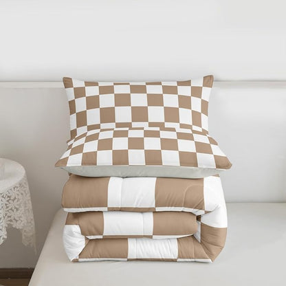 Feelyou Checkered Bedding Set for Boys Girls Brown Plaid Comforter Set Toddler Size Vintage Checkerboard Geometric Duvet Quilt Reversible Grey Bedroom Decor 2 Pcs with 1 Pillow Cases
