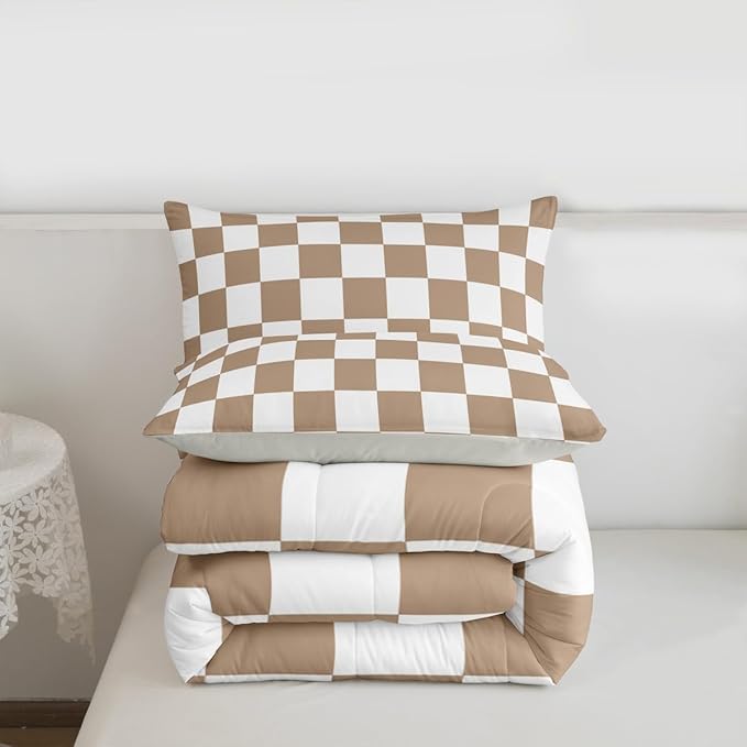 Feelyou Checkered Bedding Set for Boys Girls Brown Plaid Comforter Set Queen Size Vintage Checkerboard Geometric Duvet Quilt Reversible Grey Bedroom Decor 3 Pcs with 2 Pillow Cases