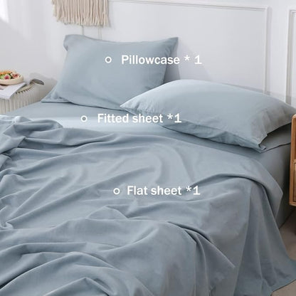 Simple&Opulence Belgian Linen Sheet Set Solid Color - 3 Pieces (1 Flat Sheet, 1 Fitted Sheet & 1 Pillowcase) Natural Flax Cotton Blend Soft Breathable Farmhouse Bedding - Twin Size, Dusty Blue