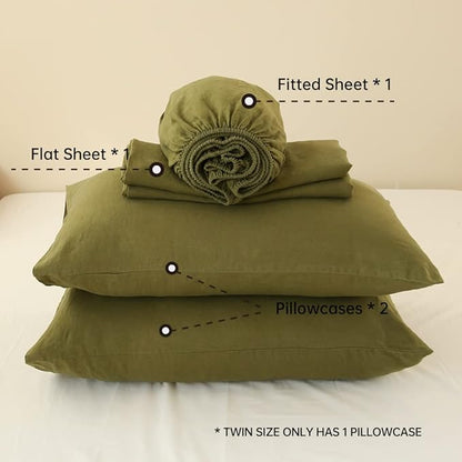 Simple&Opulence Washed Linen Bed Sheet Set Basic Style 4 Pieces (1 Flat Sheet & 1 Fitted Sheet & 2 Pillowcases) 100% Natural French Flax Soft Breathable Farmhouse Bedding (Queen, Olive Green)