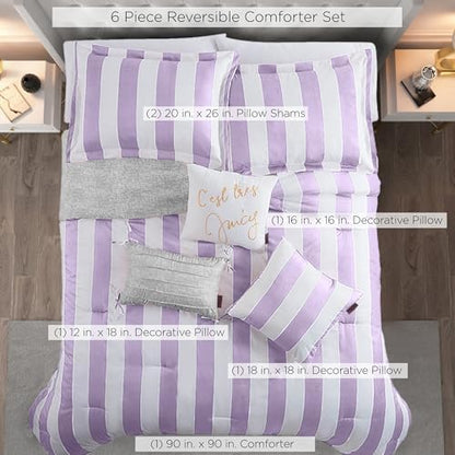 Juicy Couture Cabana Stripe Reversible Bedding Set - Queen/Full Size - Lavender/White Stripe Print – 6 Piece Set – Includes 1 90" x 90" Comforter, 3 Decorative Pillows, 2 Shams