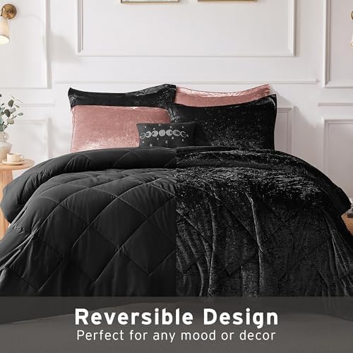 Intelligent Design Twin Comforter Set, Velvet Comforter Set , Luxury Diamond Quilting Comforter Set, Fluffy Comforter Bed Set with Decorative Pillowand 1 Sham, 3 Piece Black, Twin/Twin XL