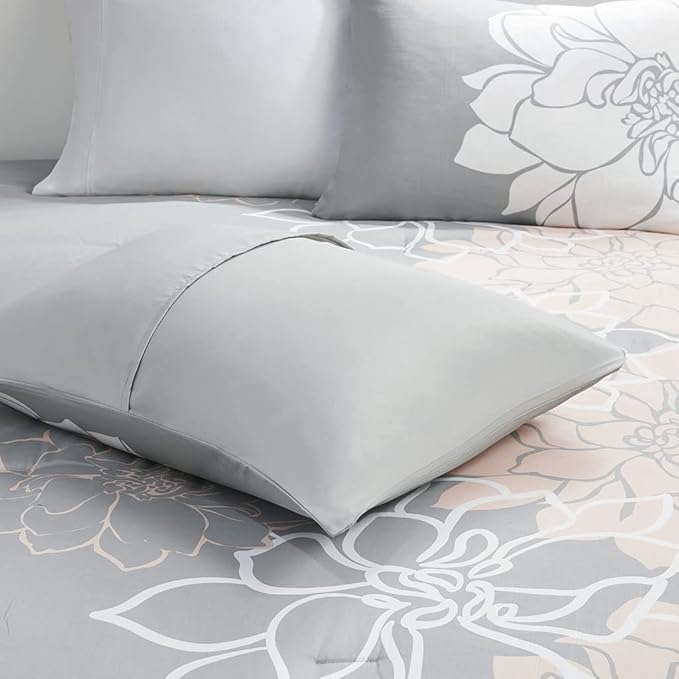 Madison Park Delilah Sateen Cotton Comforter Set, Breathable, Soft Cover, Modern Print, All Season Down Alternative Cozy Bedding with Matching Shams, King/ Cal King, Grey/Blush 3 Piece