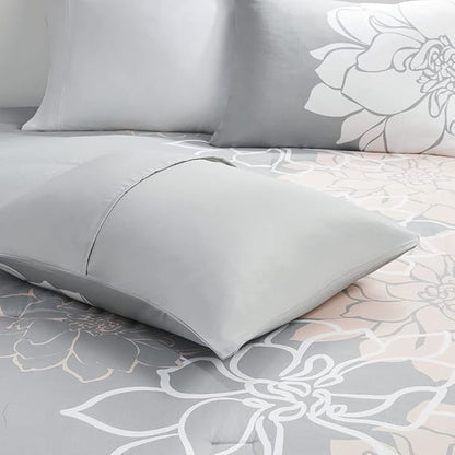 Madison Park Delilah Sateen Cotton Comforter Set, Breathable, Soft Cover, Modern Print, All Season Down Alternative Cozy Bedding with Matching Shams, King/ Cal King, Grey/Blush 3 Piece