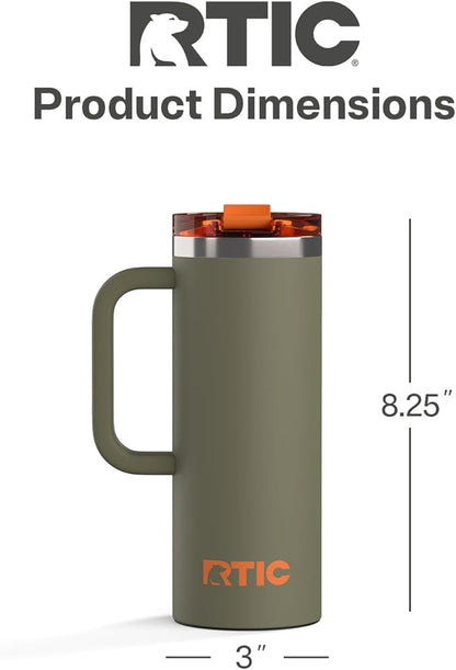 RTIC 20oz Road Trip Travel Mug with Lid and Handle, Ceramic Lined, Insulated, Stainless Steel, Metal, Double Wall Vacuum-Insulation, Portable Coffee, Tea Cup for Hot and Cold Drink, Trailblazer