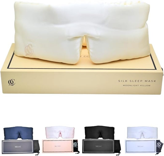 Padded Silk Sleep Mask, Total Blackout Liner Blocks Light, Lightweight, 100% Silk 22 Momme, Soft Lightweight Stuffing Feels Like a Cloud on Your Eyelids (Moonlight Yellow)
