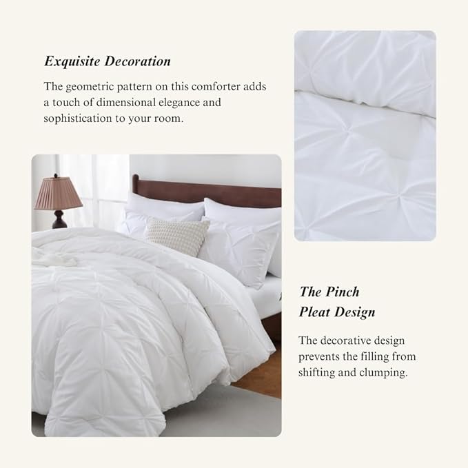 Sheet&Joy Queen Comforter Set, 7-Piece Bed in a Bag, Pintuck Bedding Sets for All Season, Includes Comforter, Flat Sheet, Fitted Sheet, Pillowcases and Pillowshams, White