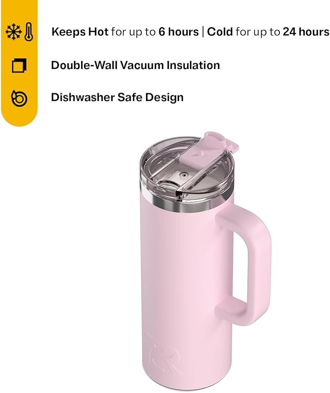 RTIC 20oz Road Trip Travel Mug with Lid and Handle, Ceramic Lined, Insulated, Stainless Steel, Metal, Double Wall Vacuum-Insulation, Portable Coffee, Tea Cup for Hot and Cold Drink, Pale Pink