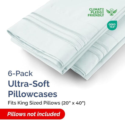 King Pillow Cases Set of 6 - Ultra Soft Hotel Quality Pillowcase Covers - Comfy & Wrinkle Free - Shrink, Stain & Fade Resistant - Easy-Care, Machine Washable Pillow Protectors - 6 Piece Set - Ice Blue