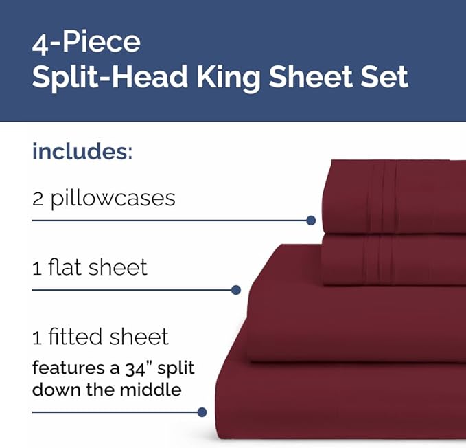 Split Head King Sheet Set – 4 Piece Flex Split Top King Sheets for Adjustable Beds - Fits 14” to 16" Mattress w/ Deep Pockets - Soft, Breathable & Cooling - Luxury Bedding and Wrinkle Free - Burgundy