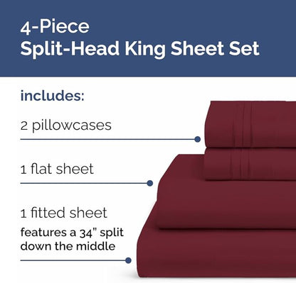Split Head King Sheet Set – 4 Piece Flex Split Top King Sheets for Adjustable Beds - Fits 14” to 16" Mattress w/ Deep Pockets - Soft, Breathable & Cooling - Luxury Bedding and Wrinkle Free - Burgundy