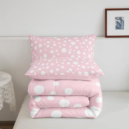 Manfei White Polka Dots Comforter Set King Size,Geometric Circles Pink White Simple Girly Bedding Set for Adults Room,Princess French Style Cute Dots Print Comforter,3 Pcs 2 Pillowcases