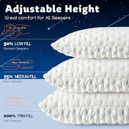Cooling Side Sleeper Pillow for Neck and Shoulder Pain, Luxury Shredded Memory Foam Curved Bed Pillows for Sleeping Set of 1- Adjustable Queen Size- Washable Cover Original White