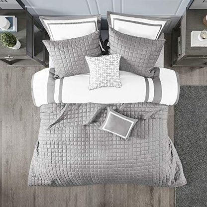 Madison Park Heritage Comforter Quilt Combo Set - Modern Luxury Design, All Season Down Alternative Bedding, Matching Shams, Decorative Pillows, Full/Queen(90"x90"), Color Block Grey 8 Piece