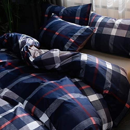 KAREVER Navy Plaid Comforter Set - King Multicolor Checkered Bedding Quilt Set - Breathable Navy Blue Tartan Grid Comforter - Striped Women's Blanket - King Size