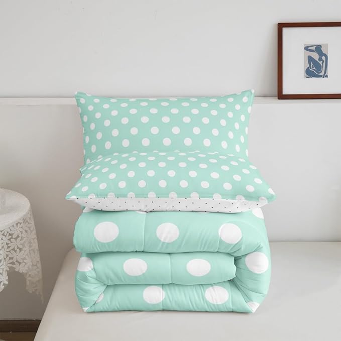 Manfei Polka Dots Comforter Set,Modern Geometric Circles Abstract Simple Art Bedding Set for Teens Adults Room,Cartoon French Style Dots Green White Quilt Set 3 Pcs with 2 Pillowcases,Queen