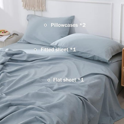 Simple&Opulence Belgian Linen Sheet Set Solid Color - 4 Pieces (1 Flat Sheet, 1 Fitted Sheet & 2 Pillowcases) Natural Flax Cotton Blend Soft Breathable Farmhouse Bedding - King Size, Dusty Blue