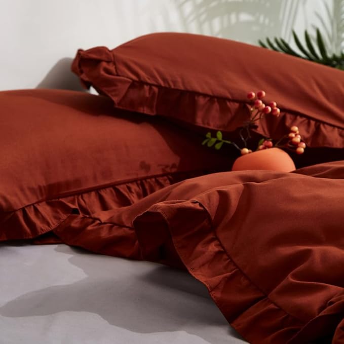 CLOTHKNOW Terracotta Ruffles Full Size Comforter Set 3Pcs Rust Farmhouse Bedding Comforter Sets Burnt Orange Comforter Soft Shabby Chic Comforter Vintage Rustic Bedding Sets