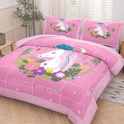 Tailor Shop Unicorn Girls Comforter Set Full Size Unicorn Pink Bedding Sets for Girls Kids Flower Comforter Set Room Decor Ultra Soft Bed Set with 2 Pillowcase…