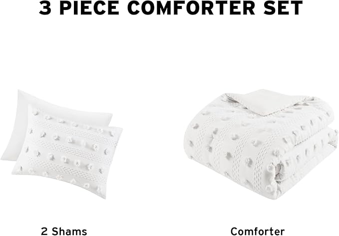 Intelligent Design King Comforter Set, Clipped Jacquard Comforter Set Chic Pompoms Accent, All Seasons Lightweight & Fluffy Comforter Bed Set with 2 Shams, Lucy, King/Cal King Ivory 3 Piece