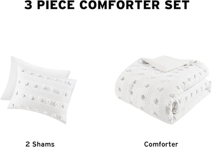 Intelligent Design King Comforter Set, Clipped Jacquard Comforter Set Chic Pompoms Accent, All Seasons Lightweight & Fluffy Comforter Bed Set with 2 Shams, Lucy, King/Cal King Ivory 3 Piece