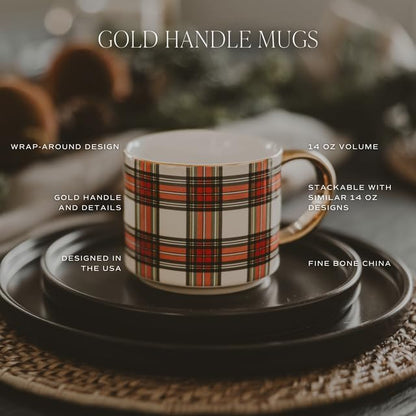 Sweet Water Decor White Plaid Coffee Mug, 14oz China Christmas Mug with Gold Handle, Large Holiday Winter Cup for Coffee, Tea & Hot Chocolate, Stocking Stuffer Gifts for Women