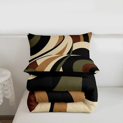 Green Brown Spiral Toddler Comforter for Adult Women Men Modern Swirls Stripes Abstract Bedding Set for Minimalists Boho Aesthetic Geometric Bed Sets Graffiti Art Lines Quilt Duvet Insert