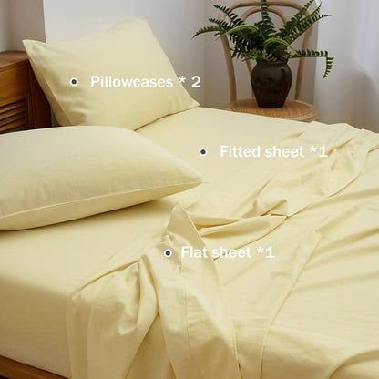 Simple&Opulence Belgian Linen Sheet Set Solid Color - 4 Pieces (1 Flat Sheet, 1 Fitted Sheet & 2 Pillowcases) Natural Flax Cotton Blend Soft Breathable Farmhouse Bedding - Queen Size, Pale Yellow