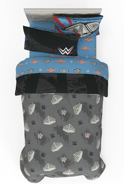 WWE Wrestling Twin Bedding Set – 4 Piece Super Soft Microfiber Reversible Comforter & Sheet Set Featuring Championship Belts (Officially Licensed Product) by Franco