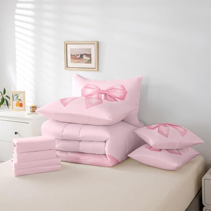 Feelyou Pink Bow Comforter Set King Size 7 Pieces Cute Bowknot Bedding Set for Kids Boys Girls Pricess Style Bed in a Bag with Comforter, Sheets, Pillowcases, Cushion Covers Kawaii Bedroom Decor