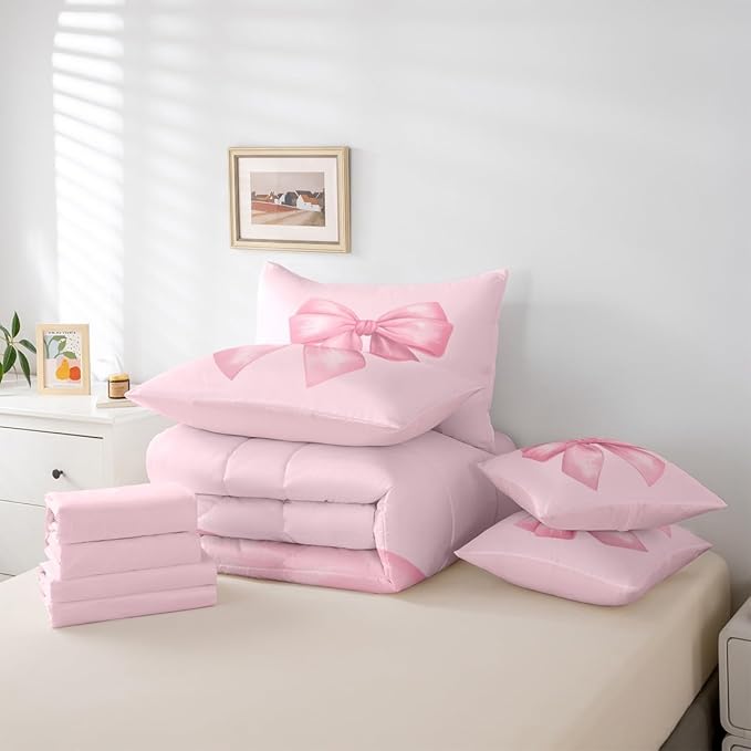 Feelyou Pink Bow Comforter Set Full Size 7 Pieces Cute Bowknot Bedding Set for Kids Boys Girls Pricess Style Bed in a Bag with Comforter, Sheets, Pillowcases, Cushion Covers Kawaii Bedroom Decor