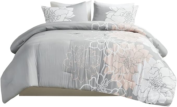 Madison Park Delilah Sateen Cotton Comforter Set, Breathable, Soft Cover, Modern Print, All Season Down Alternative Cozy Bedding with Matching Shams, King/ Cal King, Grey/Blush 3 Piece