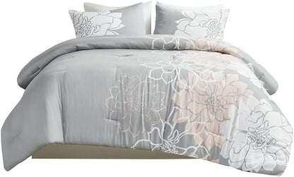 Madison Park Delilah Sateen Cotton Comforter Set, Breathable, Soft Cover, Modern Print, All Season Down Alternative Cozy Bedding with Matching Shams, King/ Cal King, Grey/Blush 3 Piece